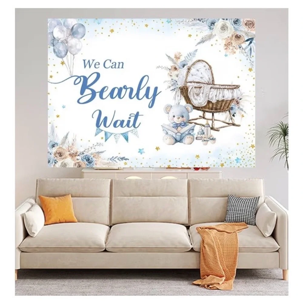7x5ft Blue Bear Baby Shower Backdrop, We Can Bearly Wait Baby.NEW SEALED PACKAGE